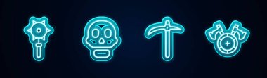 Set line Medieval chained mace ball, Skull, Pickaxe and shield with. Glowing neon icon. Vector.