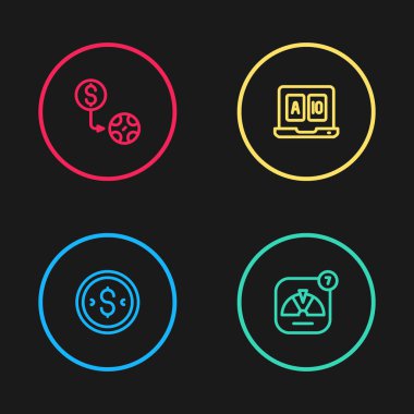 Set line Coin money with dollar Lucky wheel Online poker table game and Casino chips exchange icon. Vector.