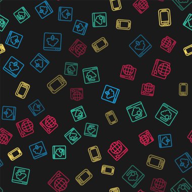 Set line Cloud download technology data transfer Mobile phone and Search engine on seamless pattern. Vector.