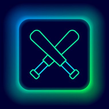 Parlayan neon çizgisi siyah arka planda izole edilmiş beyzbol sopası simgesini geçti. Renkli taslak konsepti. Vektör.