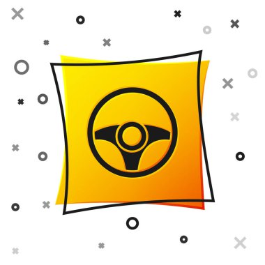 Siyah direksiyon simgesi beyaz arkaplanda izole edilmiş. Araba tekeri ikonu. Sarı kare düğme. Vektör.