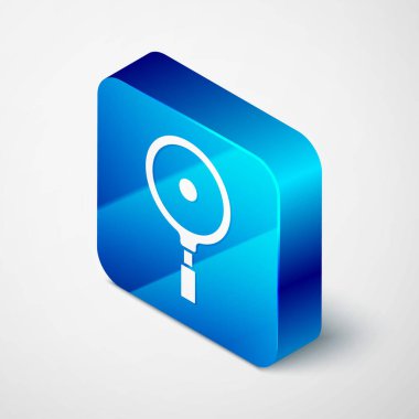 Isometric kızartma tavası simgesi gri arkaplanda izole edildi. Kızartma veya kızartma gıda sembolü. Mavi kare düğme. Vektör.