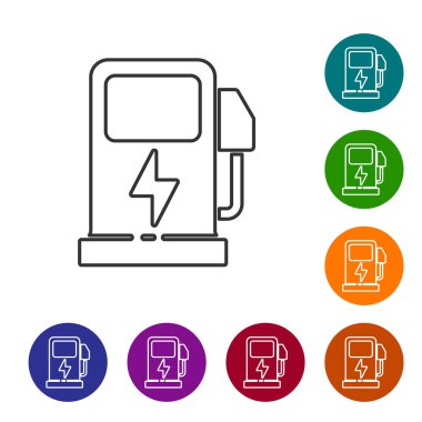 Black line Electric car charging station icon isolated on white background. Eco electric fuel pump sign. Set icons in color circle buttons. Vector.