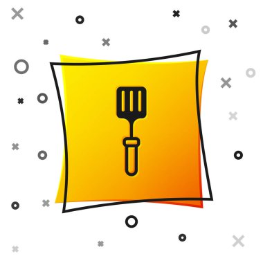 Black Barbecue spatula icon isolated on white background. Kitchen spatula icon. BBQ spatula sign. Barbecue and grill tool. Yellow square button. Vector.