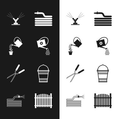 Set Watering can Automatic irrigation sprinklers Garden hose or fire hose Gardening handmade scissor Bucket fence and icon. Vector.