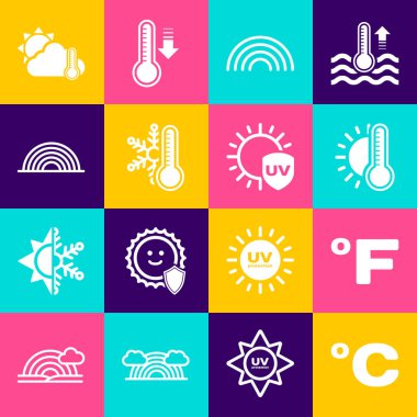 Set Celsius Fahrenheit Thermometer with sun Rainbow snowflake and cloud and UV protection icon. Vector.