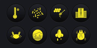 Set Crab Medical hospital building Face protective mask Runny nose Honeycomb with honey dipper Medicine pill or tablet Parasite mite and digital thermometer icon. Vector.