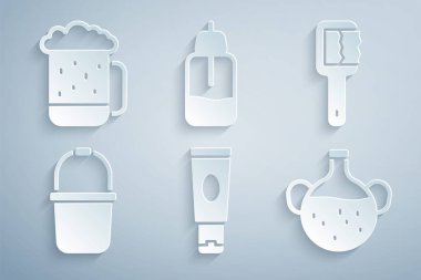 Set Cream or lotion cosmetic tube Sauna brush bucket Essential oil bottle and Wooden beer mug icon. Vector.