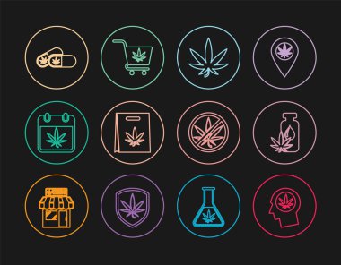 Set line Head in profile with marijuana Marijuana or cannabis leaf oil Shopping bag Calendar and Medical pills Stop and cart icon. Vector.