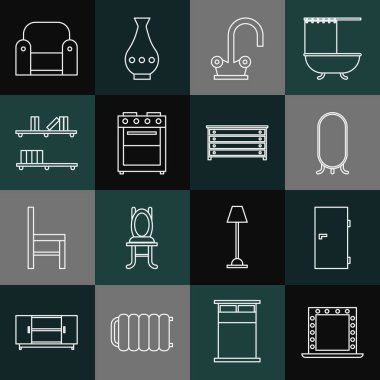 Set line Makeup mirror with lights Closed door Big full length Water tap Oven Shelf books Armchair and Chest of drawers icon. Vector.