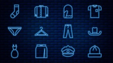 Set line Winter hat Man Christmas mitten Hanger wardrobe Men underpants Socks Pants and T-shirt icon. Vector.