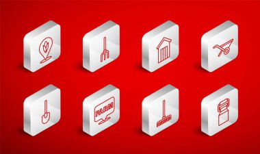 Set line Can container for milk Garden pitchfork Wooden outdoor toilet Wheelbarrow rake Location corn farm and Shovel icon. Vector.