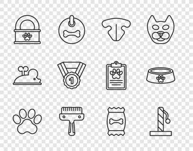 Set line Paw print Cat scratching post nose Hair brush for dog and cat Canned food Dog award symbol Bag of pet and Pet bowl icon. Vector.