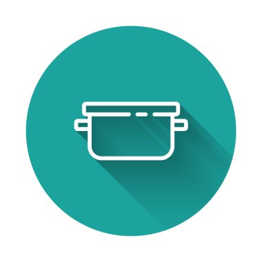 Beyaz çizgi tencere ikonu uzun gölgeli izole edilmiş. Haşlama ya da güveç besin sembolü. Yeşil daire düğmesi. Vektör.