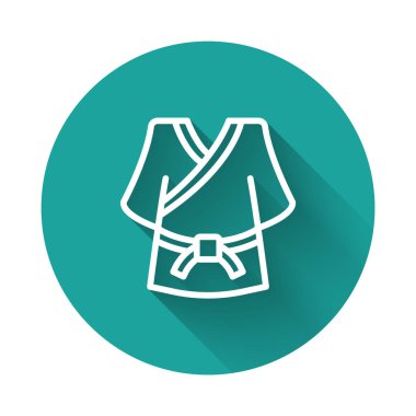 Beyaz çizgi Kimono simgesi uzun gölge arkaplanı ile izole edildi. Çinliler, Japonlar, Koreliler, Vietnamlılar, milli kostümler ve kimono giyiyorlar. Geleneksel Asya kostümleri. Yeşil daire düğmesi. Vektör.