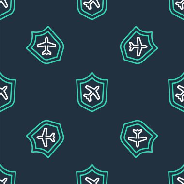 Kalkan simgesine sahip Çizgi Düzlemi siyah arkaplanda izole edilmiş. Uçan uçak. Uçak sigortası. Güvenlik, güvenlik, koruma, konsept koruma. Vektör.