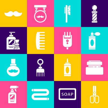 Makas, kuaför kremi, makyaj losyonu, traş losyonu, atomlu saç fırçası, tıraş köpüğü, bıyık ve elektrikli tıraş makinesi ikonu. Vektör.