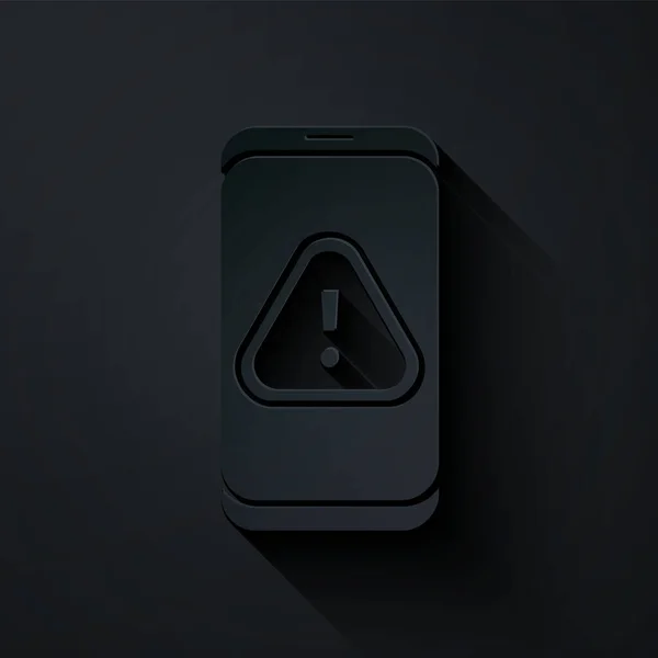 Papiergeschnittenes Handy Mit Ausrufezeichen Symbol Isoliert Auf Schwarzem Hintergrund Alarmmeldung — Stockvektor