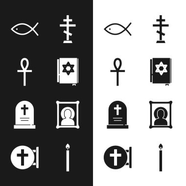 Yahudi torah kitabı Cross Ankh Hristiyan balığı ikon yanan mum ve ikon ile Tombstone 'u aşıyor. Vektör.