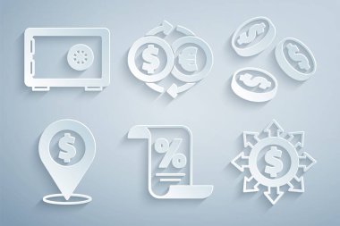 Madeni para belgelerini dolar mevkii, dolar hisse senedi para değişimi ve kasa simgesi ile belirleyin. Vektör.