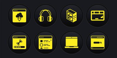 Veri penceresi klavyesi tarayıcı dosyalarını dizüstü bilgisayar kulaklıkları arama motoru ve bulut teknoloji transfer simgesini ayarla. Vektör.