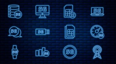Satırı ayarla Antenna Dijital hız metresi 5G Sim kartı reddedildi modem ağ sunucusu ve simge ile İzleyici. Vektör.