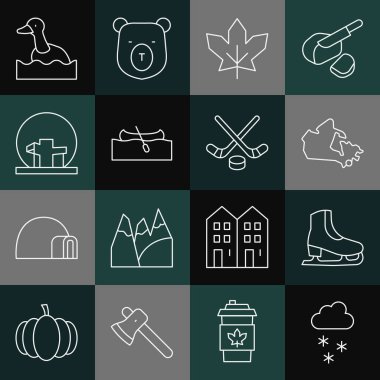 Kanada haritalı kar kayağı çizgisi Kanada akçaağaç yaprağı kano kano Montreal biyosfer uçan ördek ve buz hokeyi sopası ve disk ikonu. Vektör.