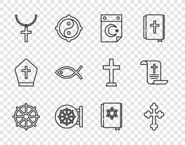 Dharma çarkıfeleği Hıristiyanlığı Star 'ı ve Hilal' i Yahudi torah kitabı ve kağıt parşömen ikonu üzerinde belirle. Vektör.