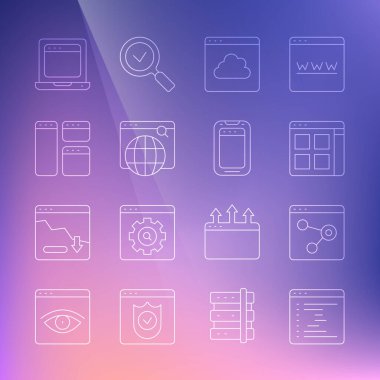 Satır Tarayıcı pencere dosyalarını ayarla. Bulut teknolojisi veri transferi. Arama motoru dizüstü bilgisayarı tarayıcı ve mobil telefon simgesi ile. Vektör.