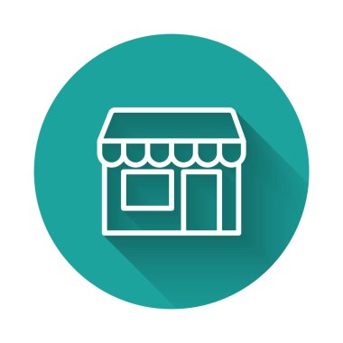 Beyaz çizgili alışveriş binası veya market simgesi uzun gölgeli izole edilmiş. Dükkan inşaatı. Yeşil daire düğmesi. Vektör.