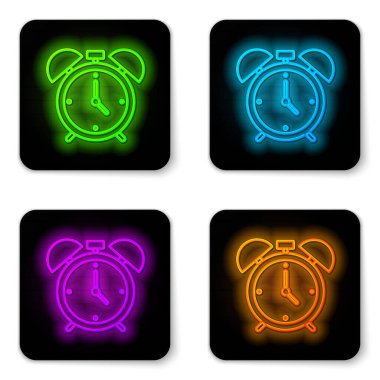 Parlayan neon hattı alarm saati simgesi beyaz arkaplanda izole edildi. Uyan, kalk konsepti. Zaman işareti. Siyah kare düğme. Vektör.