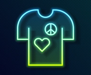 Siyah arkaplanda parlayan neon çizgisi Barış tişörtü baskı simgesi ikonu izole edildi. Vektör.