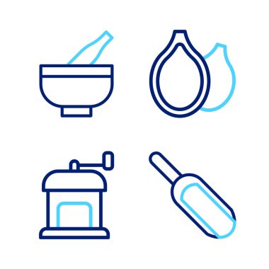 Kepçe unu manuel kahve öğütücüsü, balkabağı tohumu, havan topu ve tokmak ikonu. Vektör.