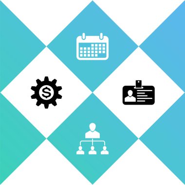 Gear 'ı dolar sembolü, Referans pazarlama, Takvim ve Kimlik rozeti simgesi ile ayarla. Vektör.