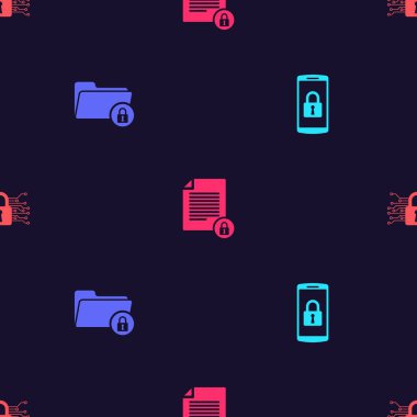 Akıllı telefonu kilit, klasör ve Belge ve Siber güvenliği kusursuz desen üzerine ayarla. Vektör.