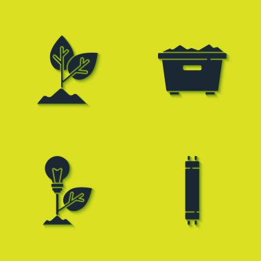 Bitki, flüoresan lamba, yapraklı ampul ve çöp tenekesi ikonu. Vektör.