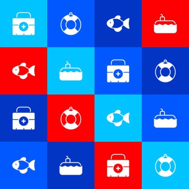 İlk yardım çantası Lifebuoy Balık ve Denizaltı simgesini hazırla. Vektör.