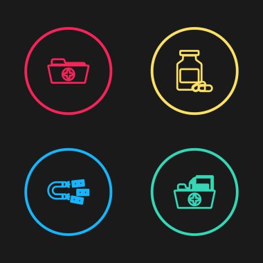 Para, sağlık dosyası, ilaç şişesi, haplar ve ikon içeren mıknatıs hattı kurun. Vektör.