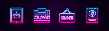 Tablet, bina ve metin üzerine alışveriş sepeti, Kapalı ve Kağıt Çek ile asma tabelası. Parlayan neon ikonu. Vektör.