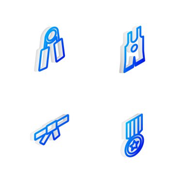 Isometric hattı güreş atleti, spor açıcı, siyah karate kemeri ve madalya ikonu ayarla. Vektör.