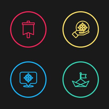 Hedef alın, katlanmış kağıt tekne ve bayrak simgesi. Vektör.