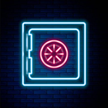 Parlayan neon hattı tuğla duvar arka planında güvenli simge izole edildi. Kapı, şifreli bir banka kasası. Güvenilir Veri Koruma. Renkli taslak konsepti. Vektör.
