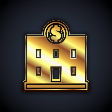 Gold Bank binası simgesi siyah arkaplanda izole edildi. Vektör.