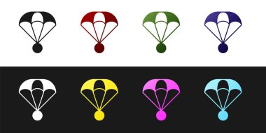 Paraşüt simgesini siyah beyaz arkaplanda izole et. Olağanüstü bir spor. Spor malzemeleri. Vektör.