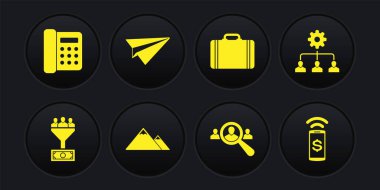 Arama görevlileri için kurşun yönetim dağları büyüteç ayarla bavul seyahat ve kağıt uçak simgesi. Vektör.