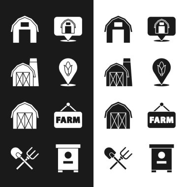 Arılar, kürek ve tırmık ikonu için Hive 'a yazı yazan mısırlı çiftlik evi tabelalarını ayarla. Vektör.