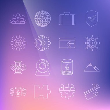 Seyahat Saati ve Vites Geliştirme Ekibi Üssü ve Cash ikonu için Temassız Ödeme Dağları Proje Yönetimi Bavulu hattını ayarlayın. Vektör.