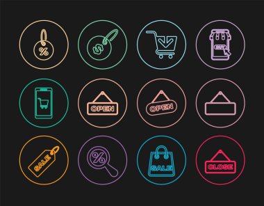 Satır asma tabelasını, Kapalı Pano asma işaretini, alışveriş arabasının açık kapısına mobil telefonu, indirimli yüzde etiketi ve Price dolar simgesini ekleyin. Vektör.