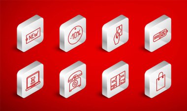 Satır Kağıt Alışveriş Torbası% 10 indirim etiketi Cüzdan Yığını kağıt para fiyatı Yeni Telefon ve Alışveriş Arabası dizüstü bilgisayar ikonu ile. Vektör.