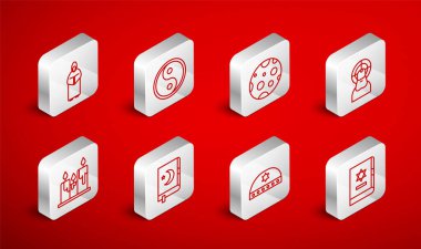 Yahudi torah kitabı Yin Yang Moon İsa kippah ve David Monk Holy Kur 'an ve yanan mumlar ikonu. Vektör.